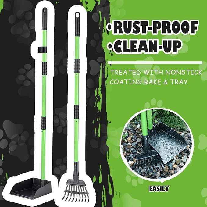Green rake and tray set with text on a green background