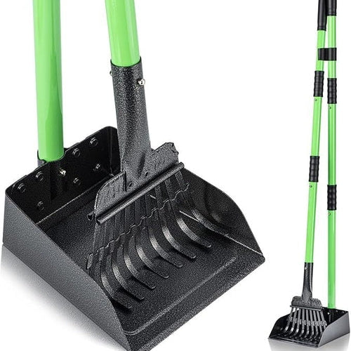 Black snow shovel and green handle on a white background