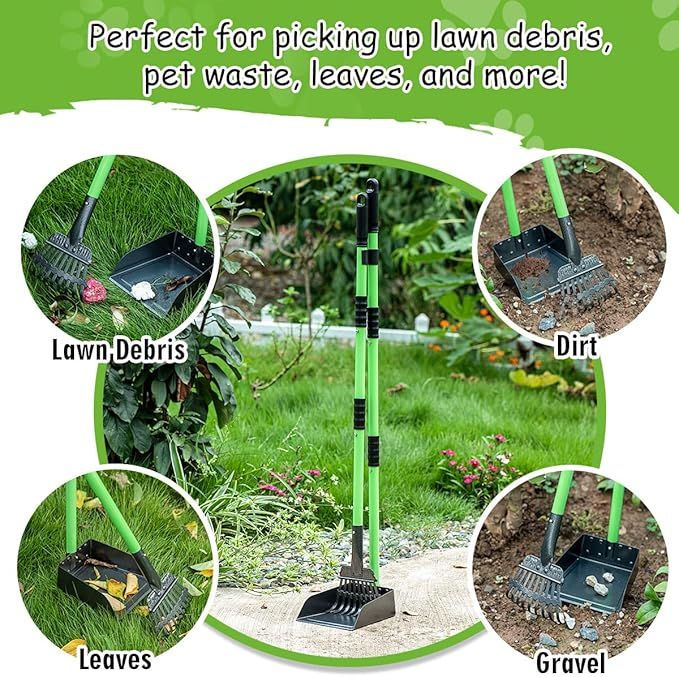 Garden tool used for cleaning up lawn debris, pet waste, leaves, and dirt with text on a green background.