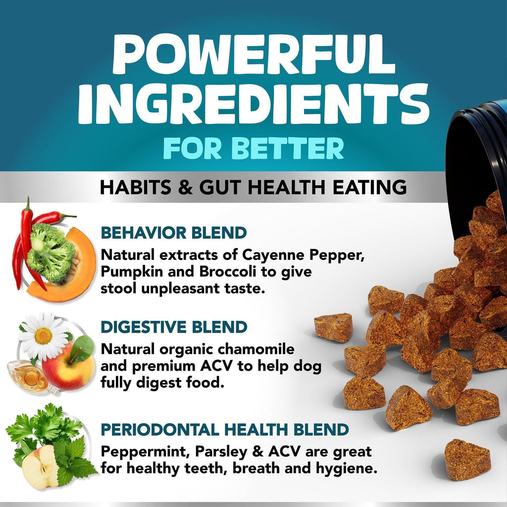 Dog food packaging with ingredients and health benefits listed on a blue and white background