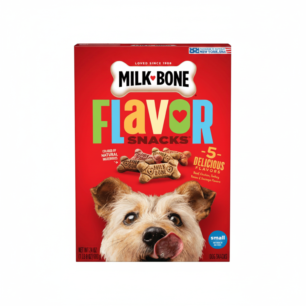 Milk Bone Flavor Snacks packaging with a dog on a red background