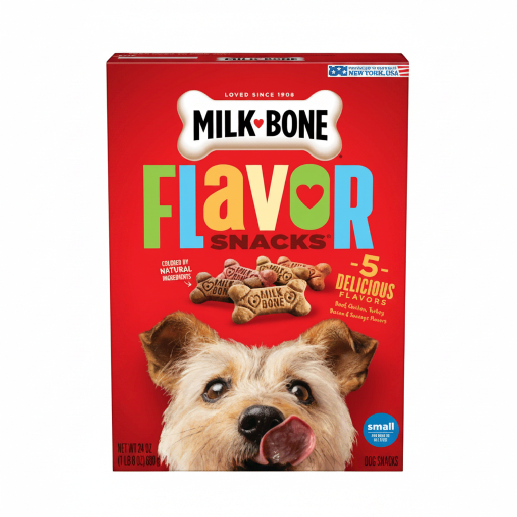 Milk Bone Flavor Snacks packaging with a dog on a red background
