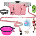 Collection of pink pet accessories including a waist bag, leash, bowl, and collar on a white background.