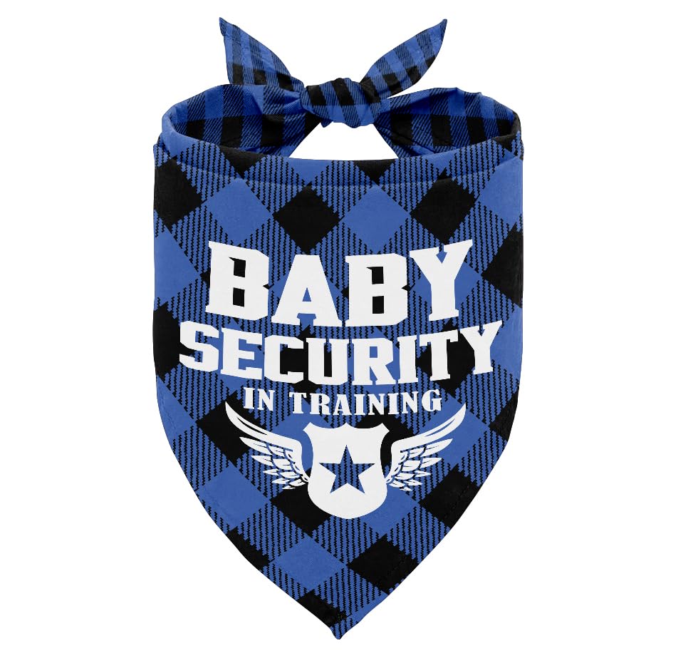 Blue and black checkered bandana with 'Baby Security in Training' text on a white background