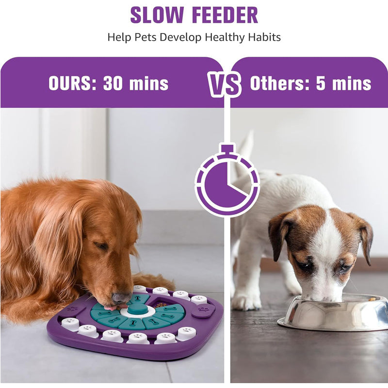 Comparison of a dog using a slow feeder device versus a dog eating from a bowl, with text indicating a 30-minute vs 5-minute difference.