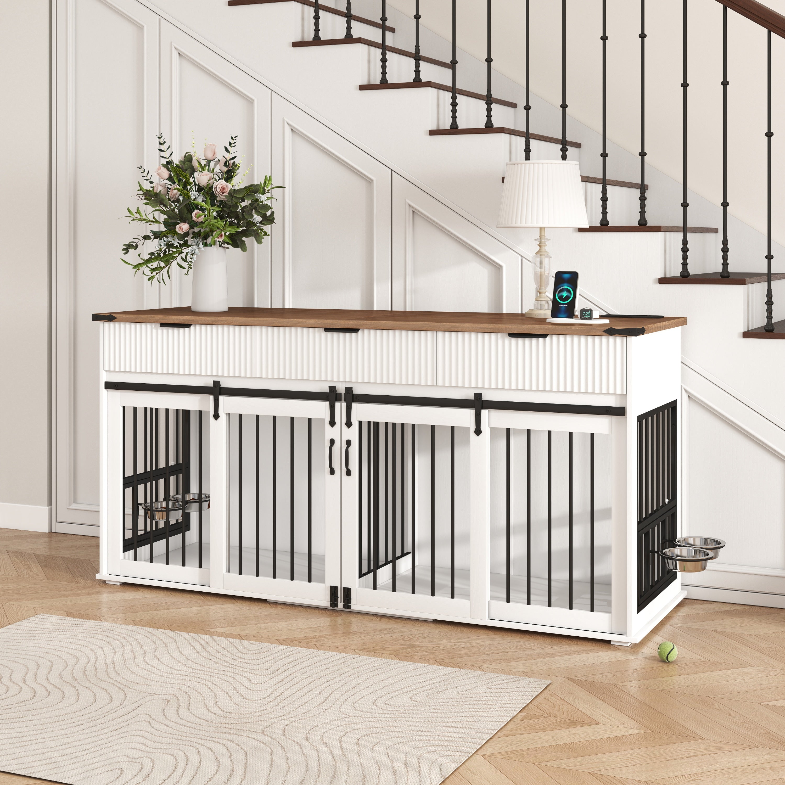 71" Double Dog Crate Furniture with Fluted Drawers, Feeders & Power Station
