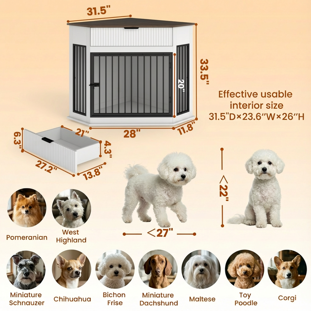 Corner Dog Crate Furniture with Fluted Drawer 