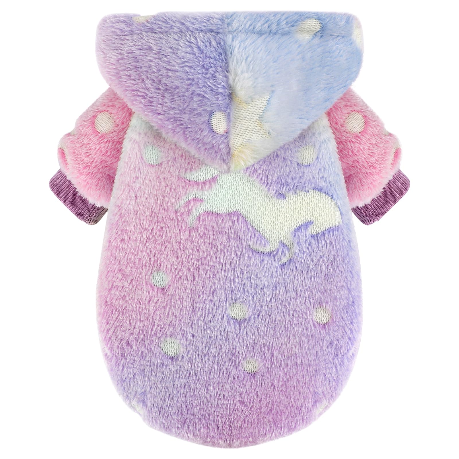 Pastel-colored plush toy with a hood and polka dot pattern on a white background