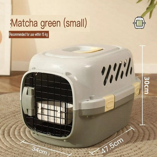 Pet carrier with dimensions labeled on a textured surface