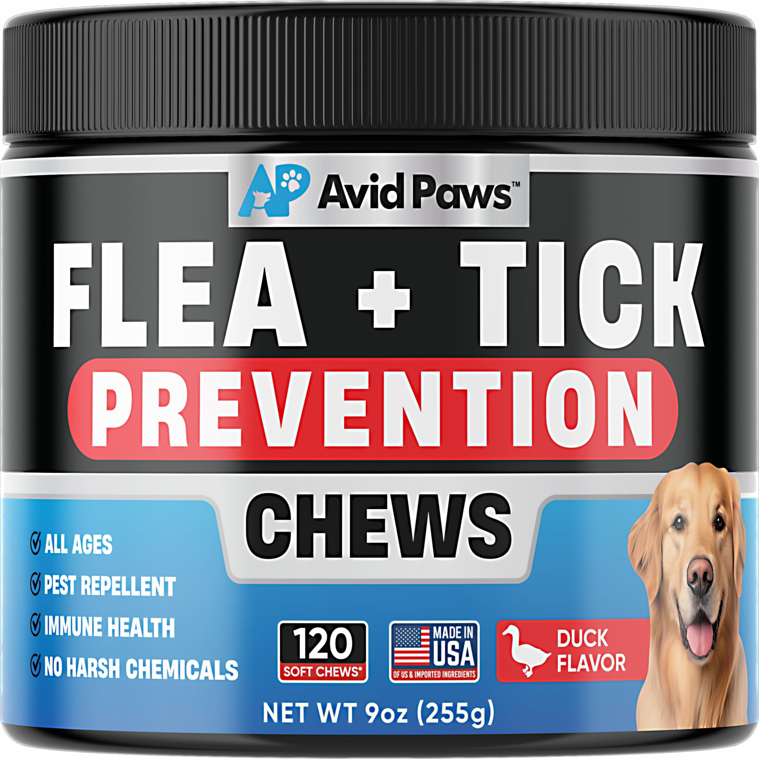 Avid Paws flea and tick prevention chews packaging with a dog on the label.