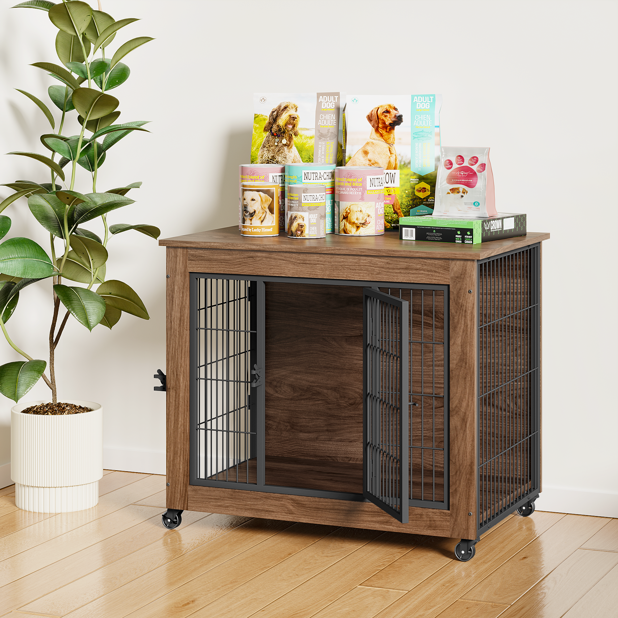 Wooden pet crate with open door on a wooden floor, surrounded by pet products and a plant.
