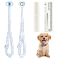 Dog toothbrushes with packaging and a dog sitting next to them on a white background