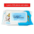 Pack of 80 pieces wet wipes for pets with cartoon illustrations on a white background