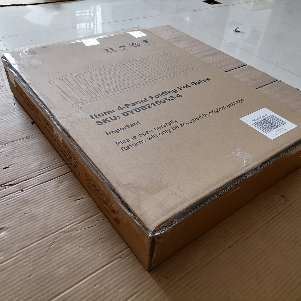 Cardboard box with product details on a wooden floor