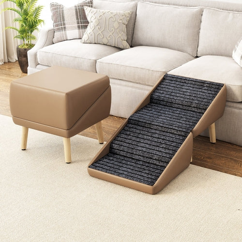 Pet ramp in a living room setting with a couch and ottoman.