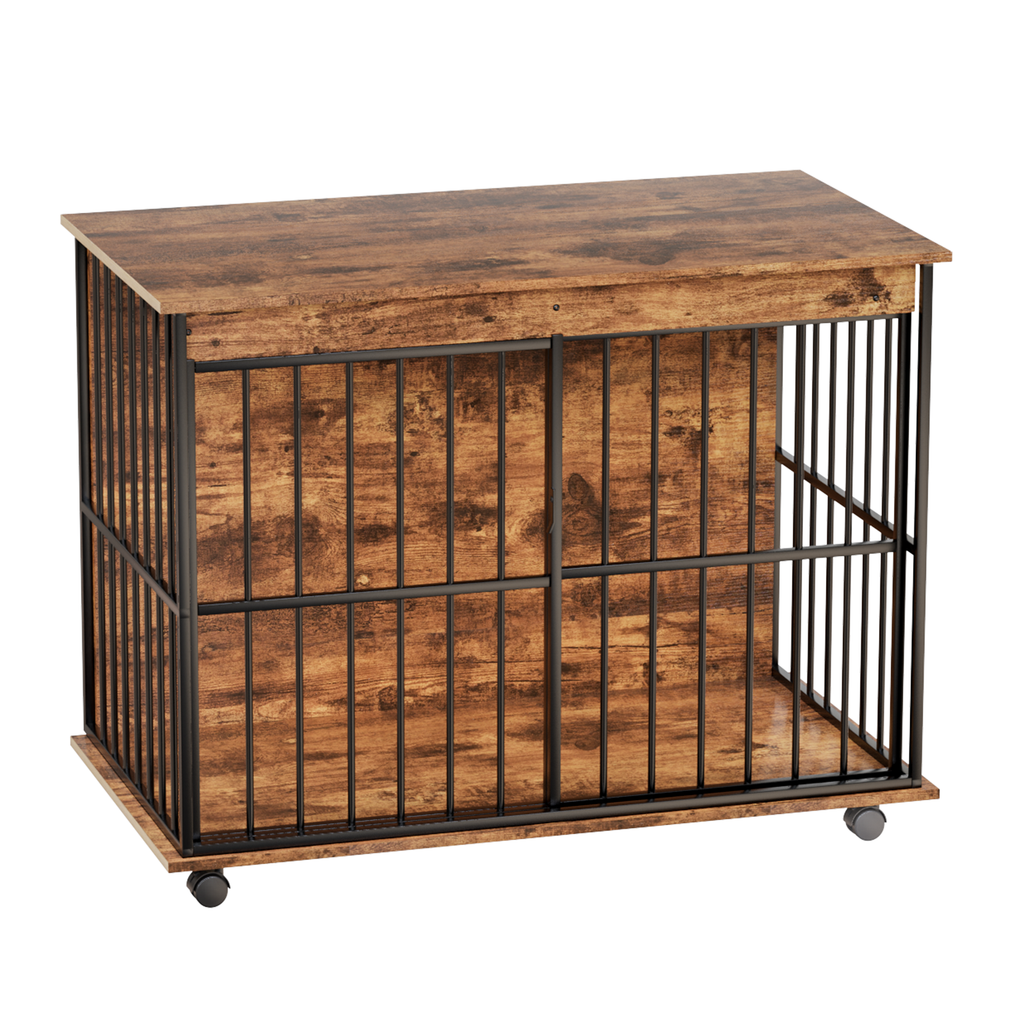 Wooden pet crate with metal bars on a white background