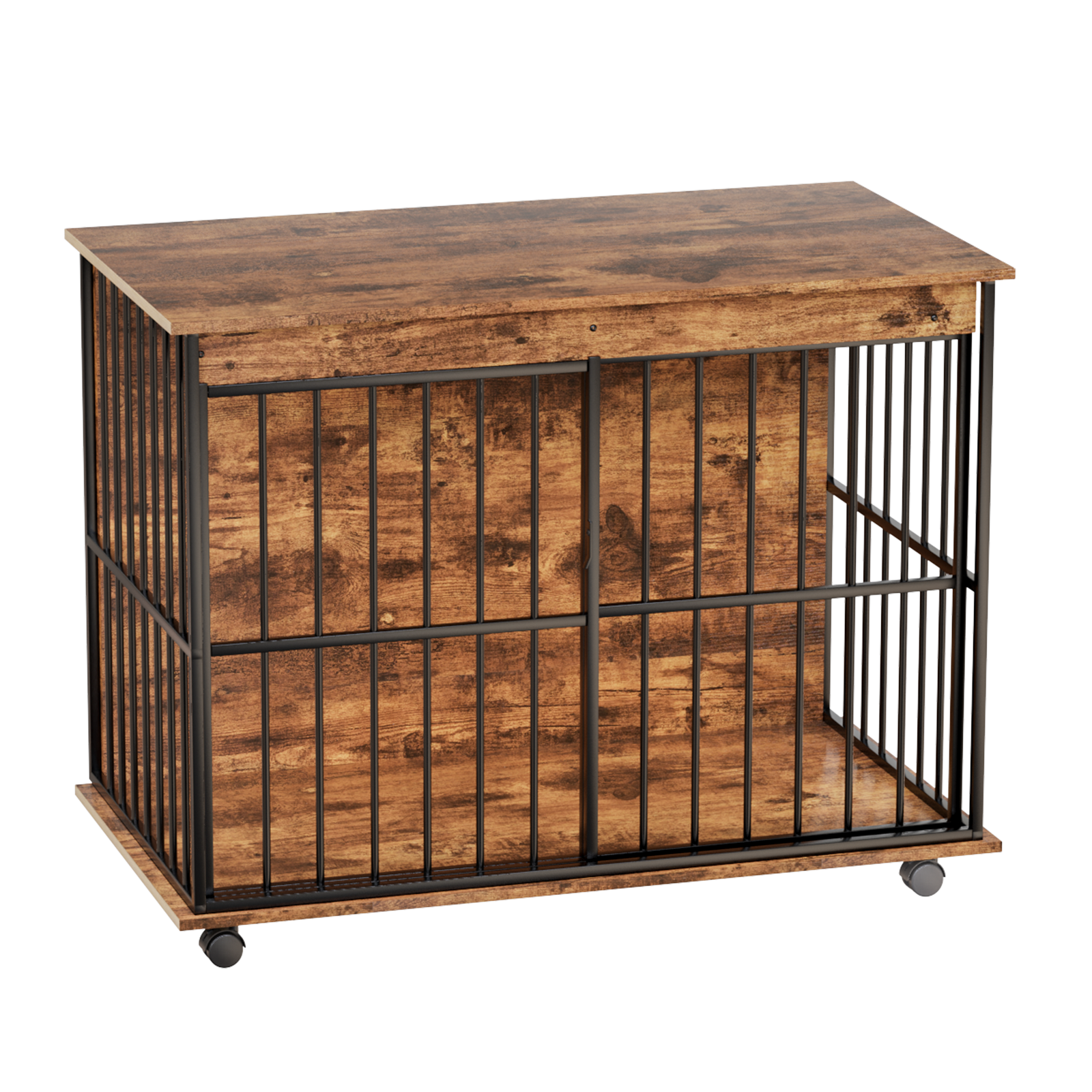 Wooden pet crate with metal bars on a white background
