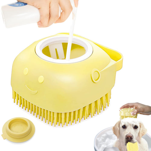 Yellow pet grooming brush with a hand applying shampoo and a dog receiving care.