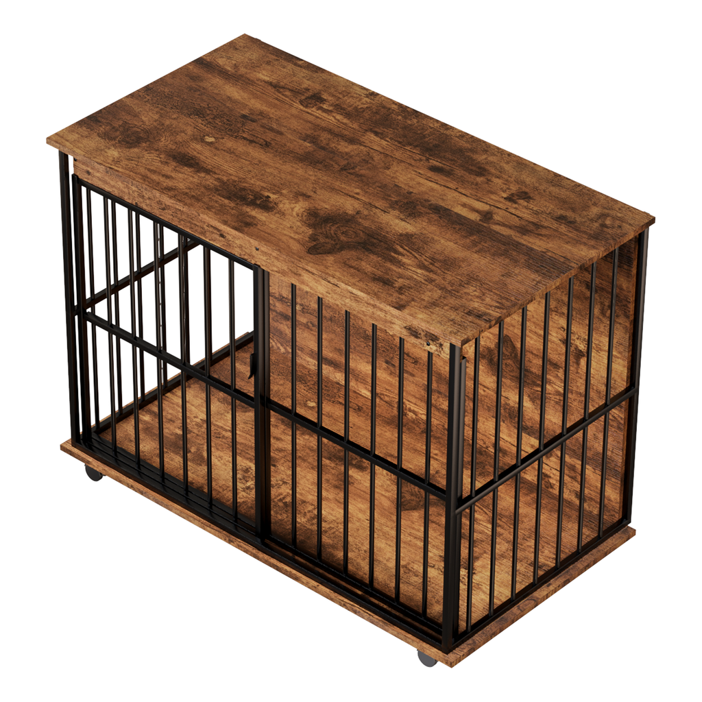 Wooden pet crate with metal bars on a white background