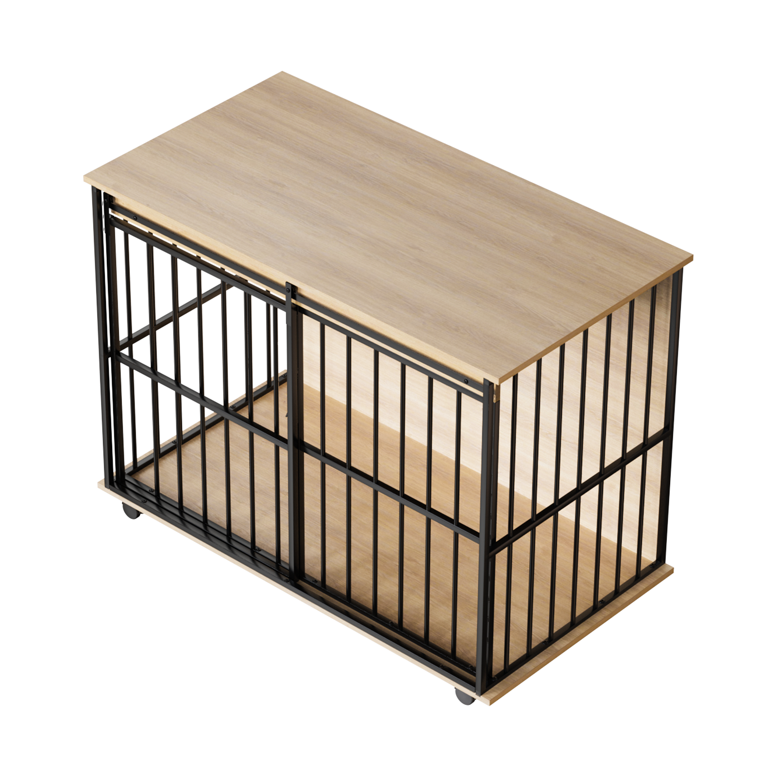 Wooden table with metal cage design on a white background