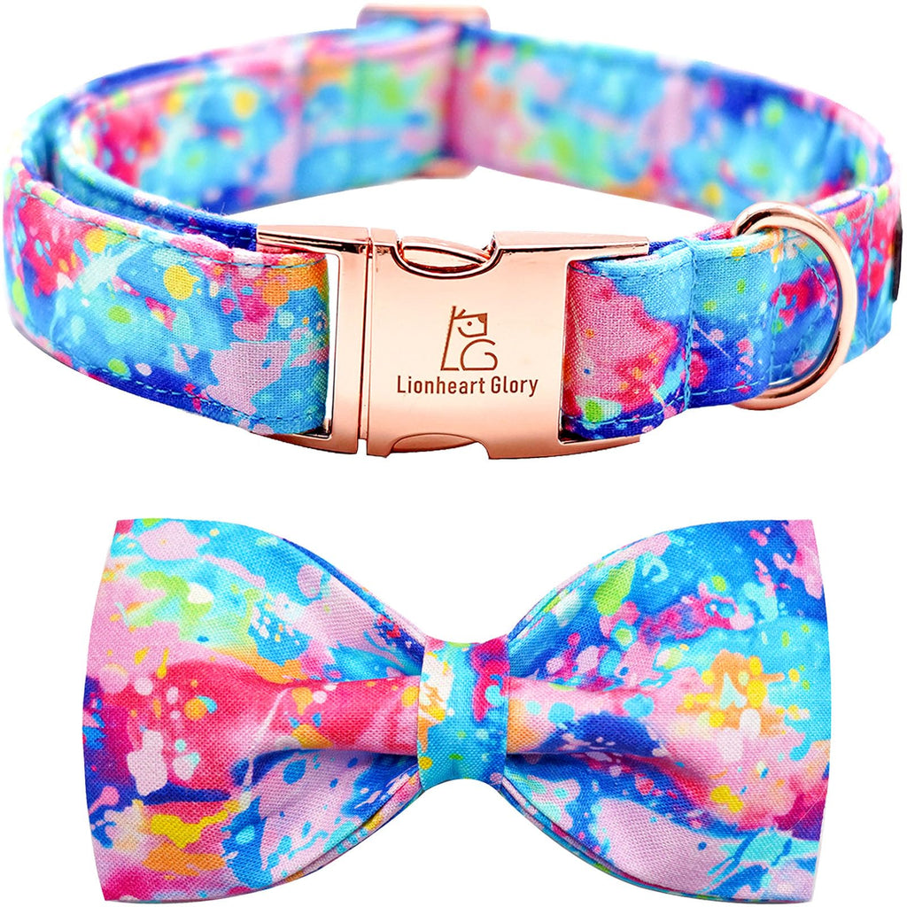 Colorful dog collar and bow tie set with 'Lionheart Glory' branding on a white background.