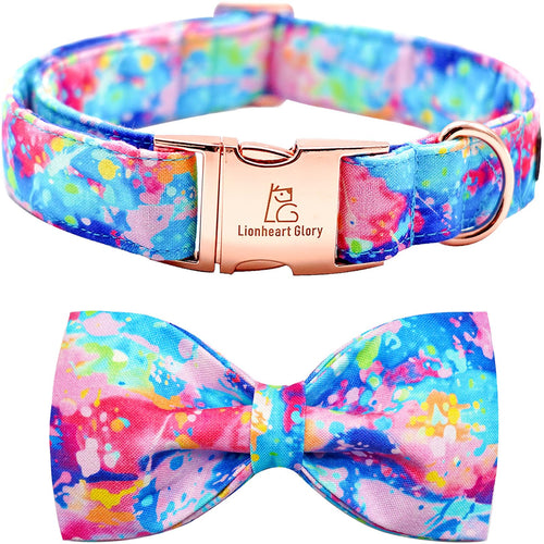 Colorful dog collar and bow tie set with 'Lionheart Glory' branding on a white background.