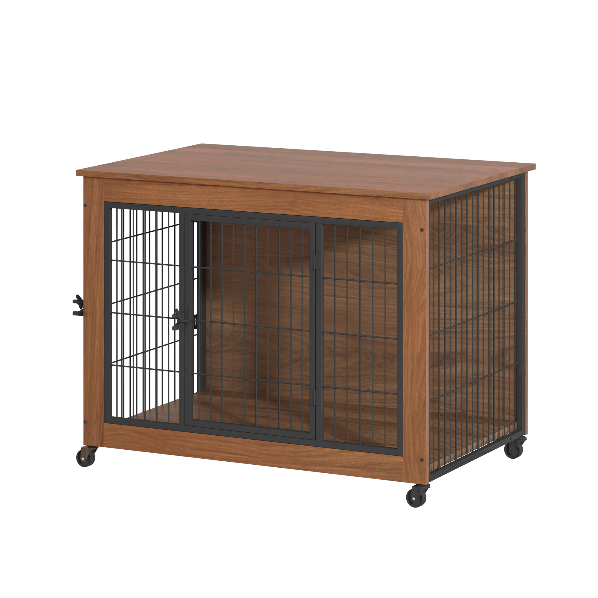 Wooden pet crate with metal doors on a white background