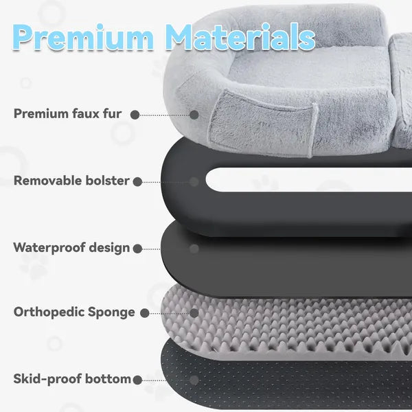 Product features with text highlighting premium materials including faux fur, removable bolster, waterproof design, orthopedic sponge, and skid-proof bottom.