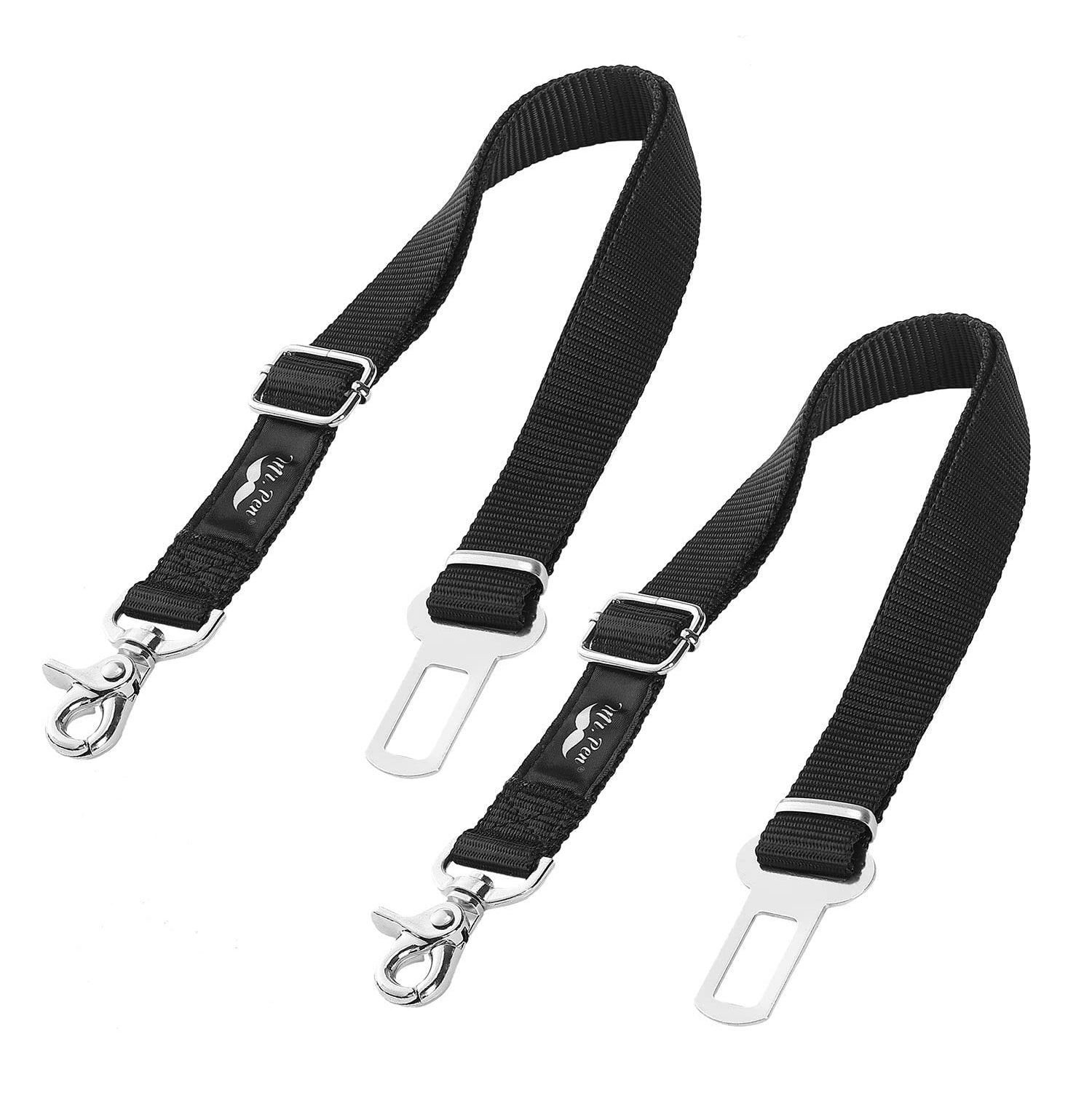 Two black seat belt straps with metal hooks on a white background
