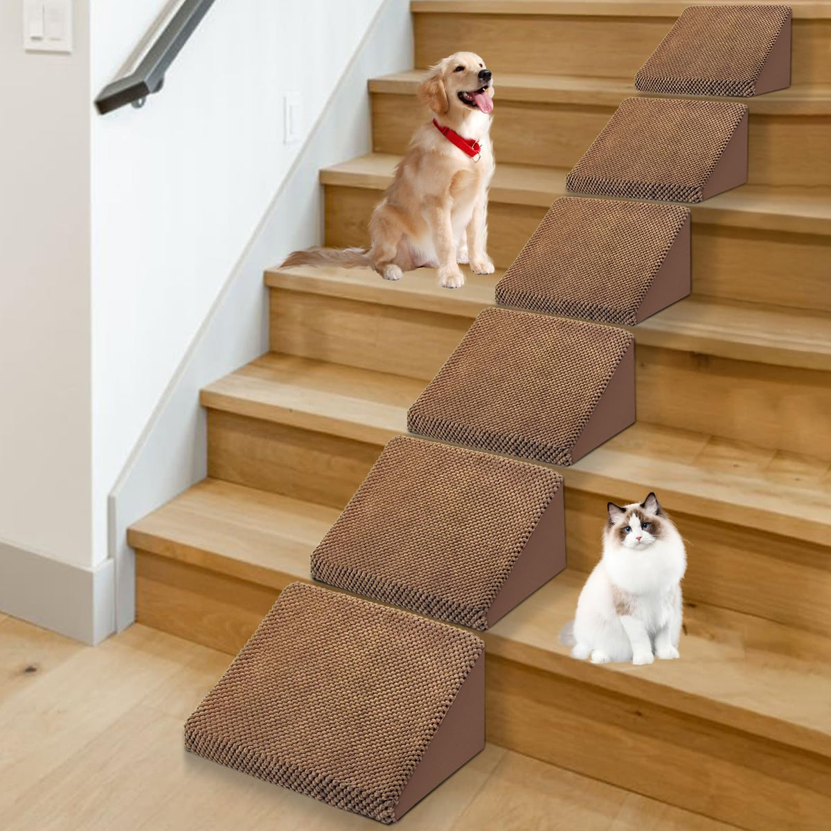 Modular Foam Stair Wedges for Dogs & Cats — Anti-Slip, Washable, Joint-Friendly (6-Pack, Brown)