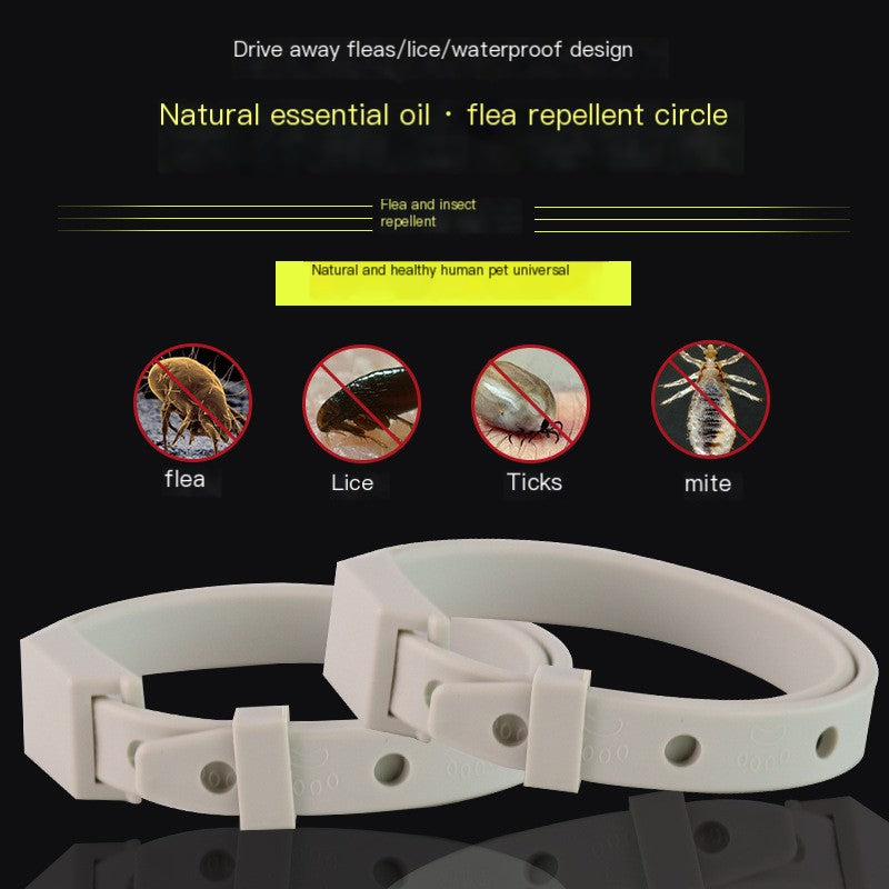 Flea repellent circle with images of pests and text on a black background