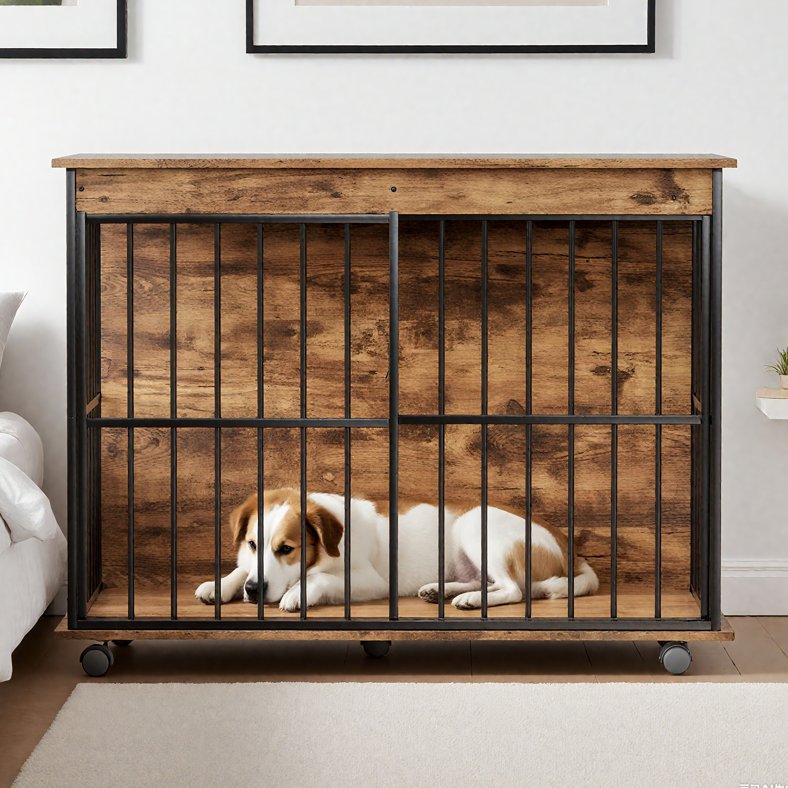 Dog lying inside a wooden crate with metal bars in a living room.