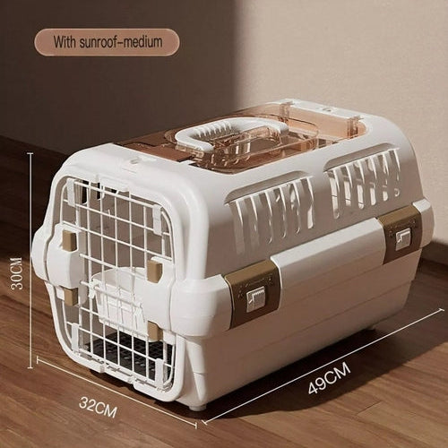 Pet carrier with dimensions on a wooden floor