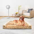 Dog lying on a large pet bed in a modern living room.