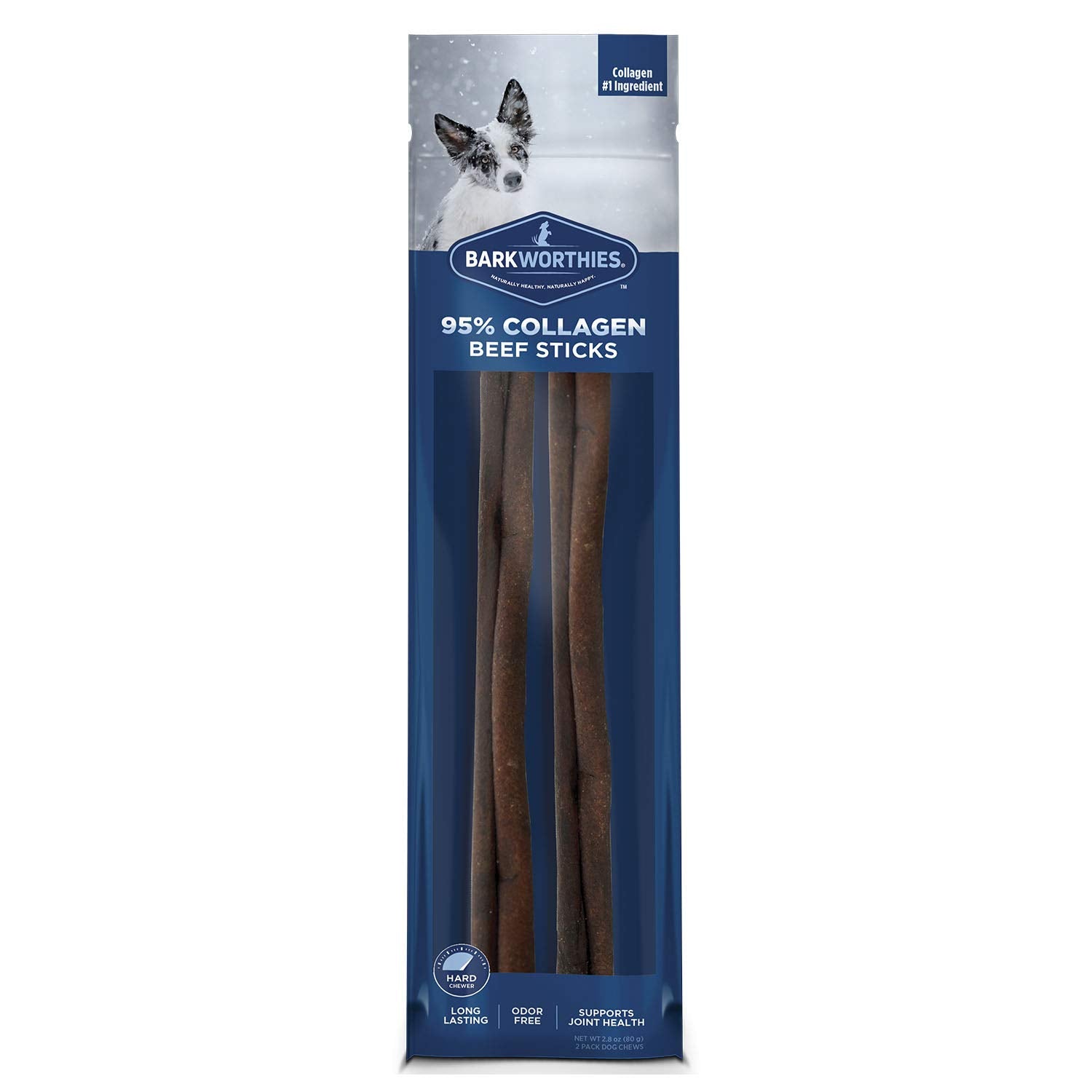 Barkworthies 95% Collagen Beef Sticks packaging with a dog on a white background