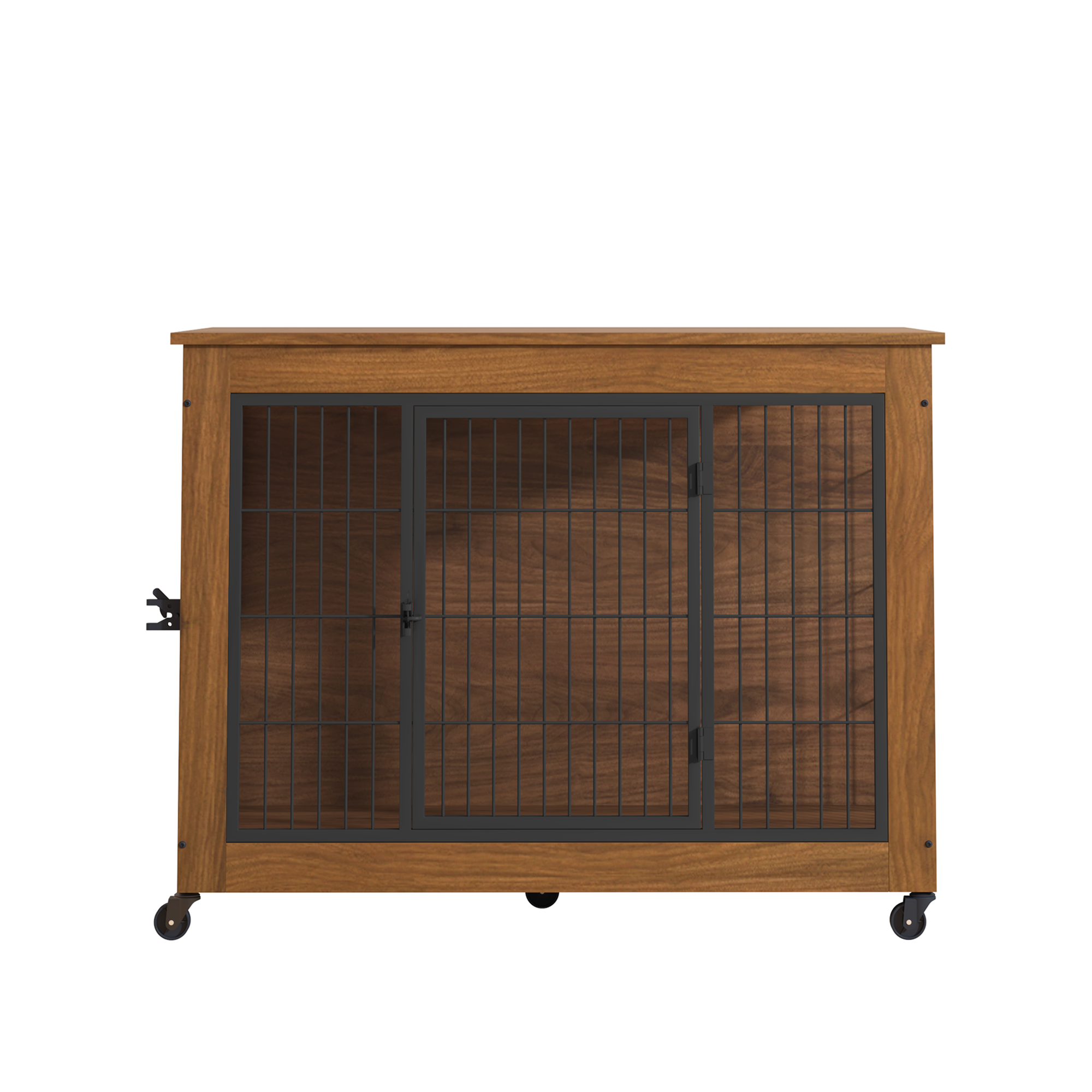 Wooden pet crate with metal grid door on a white background