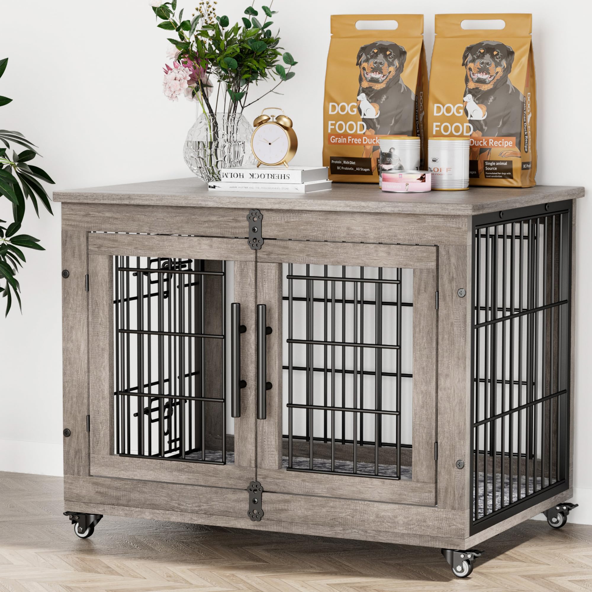 Wooden pet crate with metal bars on a wooden floor, with dog food bags and a clock in the background.
