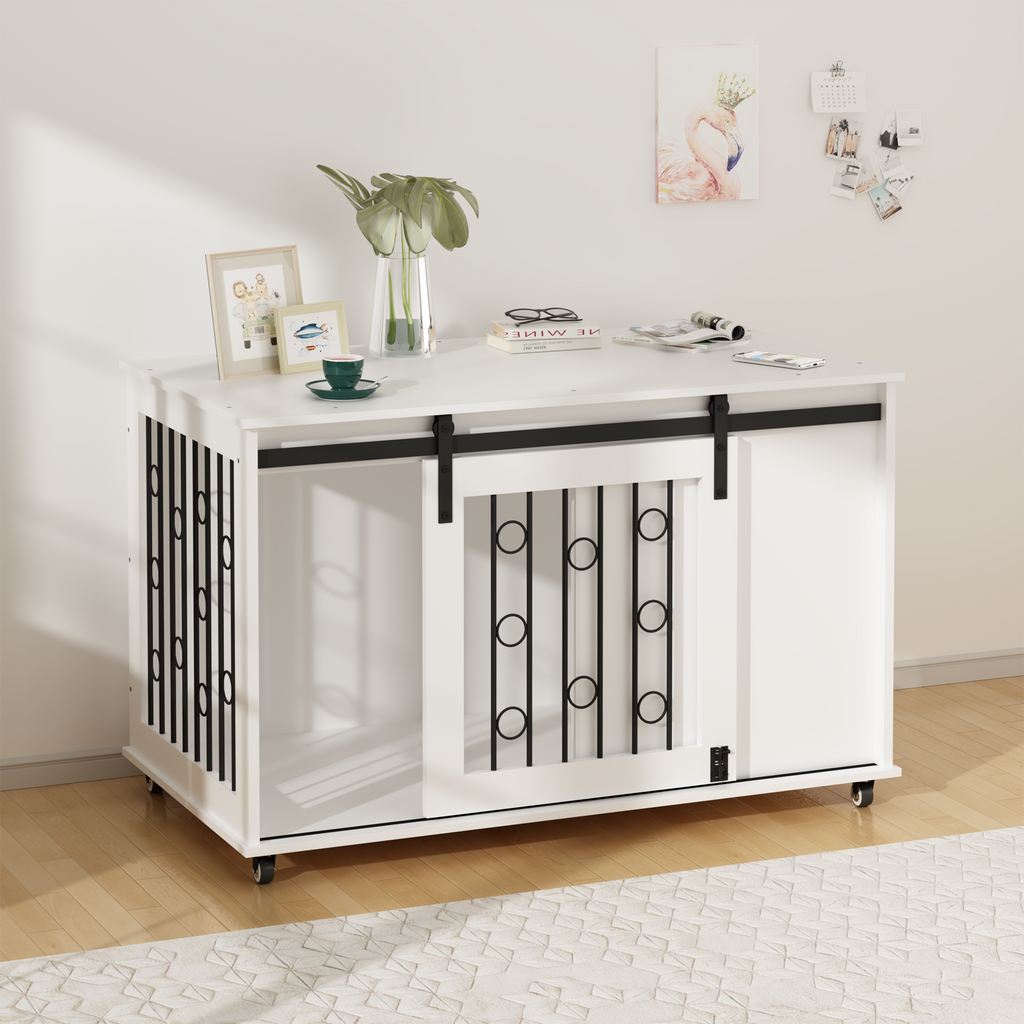 Modern Wooden Dog Crate Furniture with Sliding Barn Door – Indoor Pet Kennel