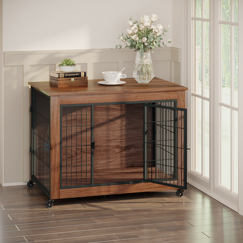 Wooden cabinet with wire doors in a room with a vase of flowers on top