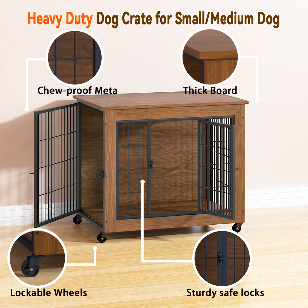 Heavy-duty wooden dog crate with metal bars on a light wood floor, featuring lockable wheels and sturdy safe locks.
