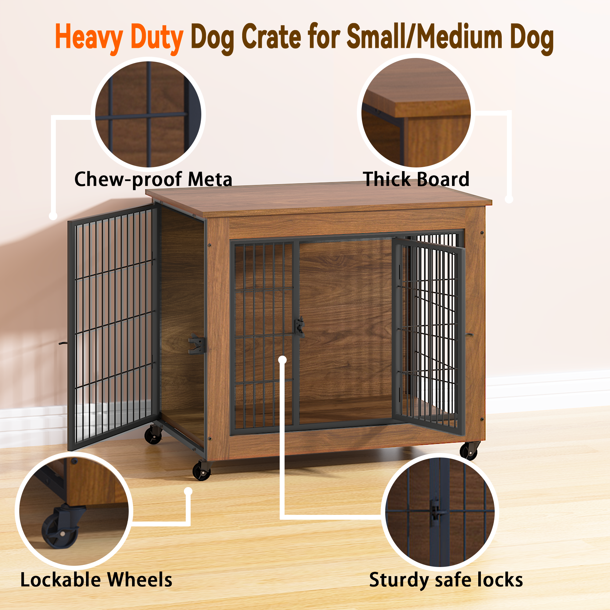 Heavy-duty wooden dog crate with metal bars on a light wood floor, featuring lockable wheels and sturdy safe locks.