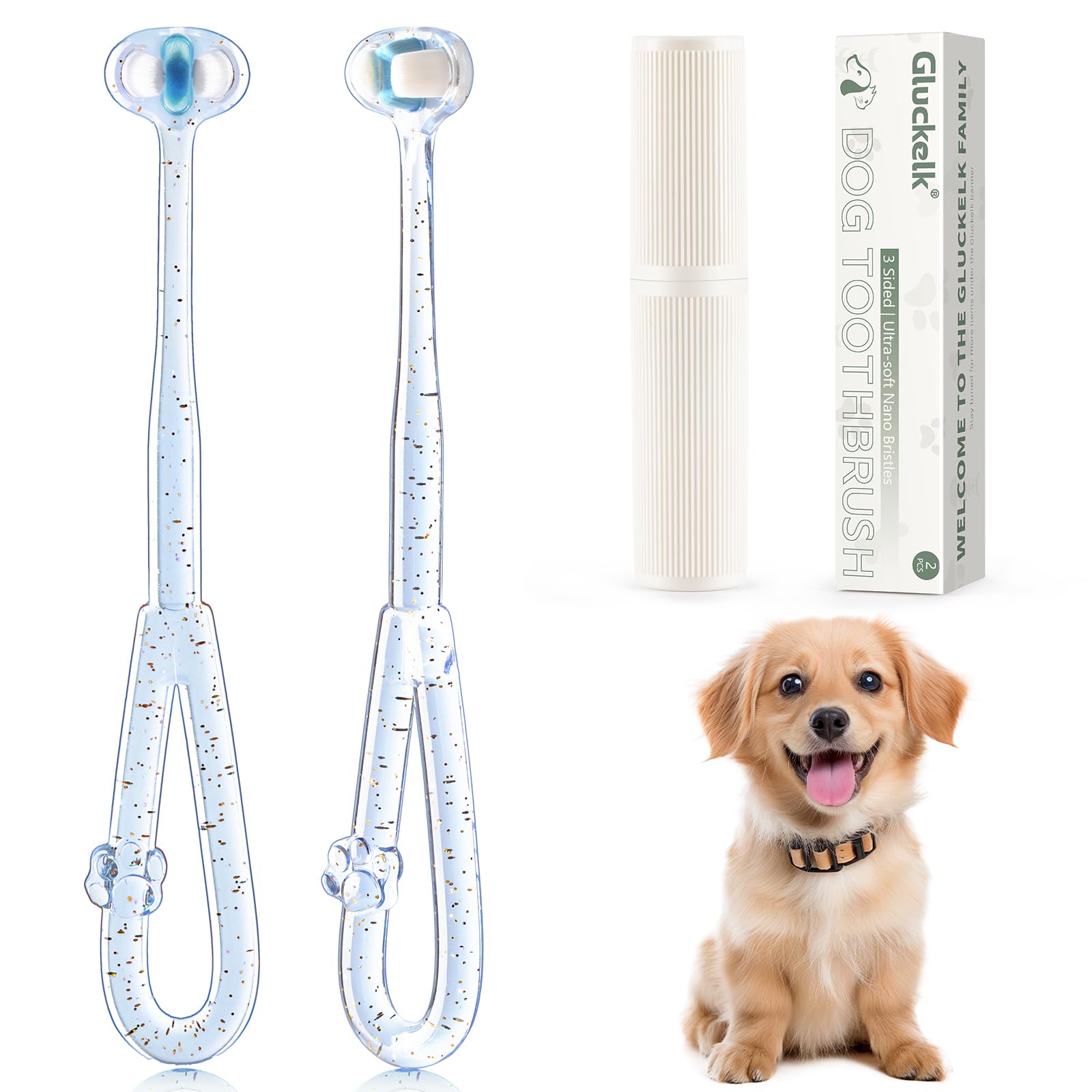Dog toothbrushes with packaging and a dog sitting next to them on a white background