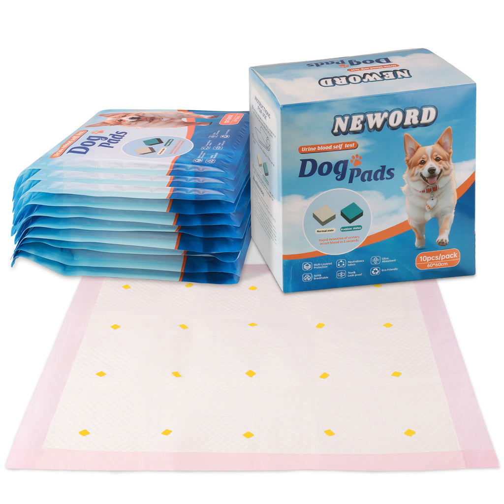 Dog pads with packaging and a single pad on a white background