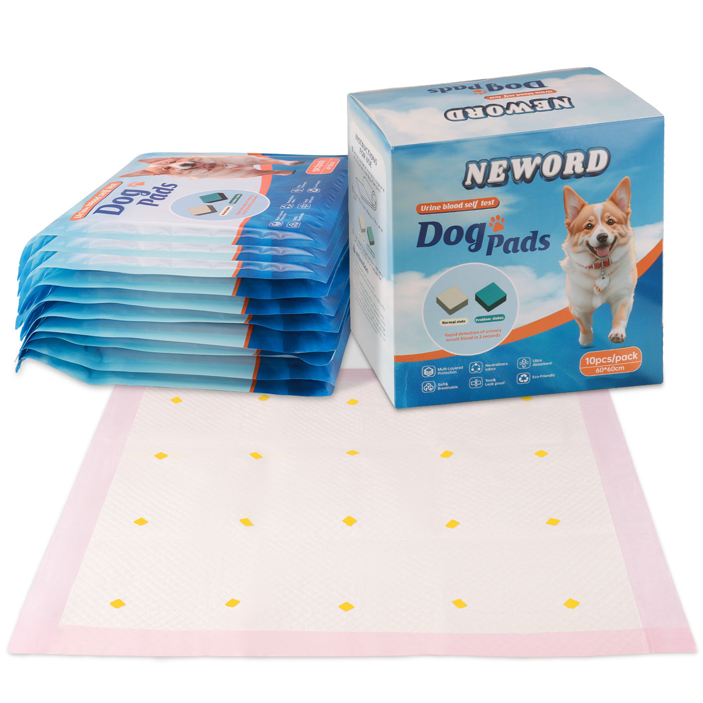 Dog pads with packaging and a single pad on a white background