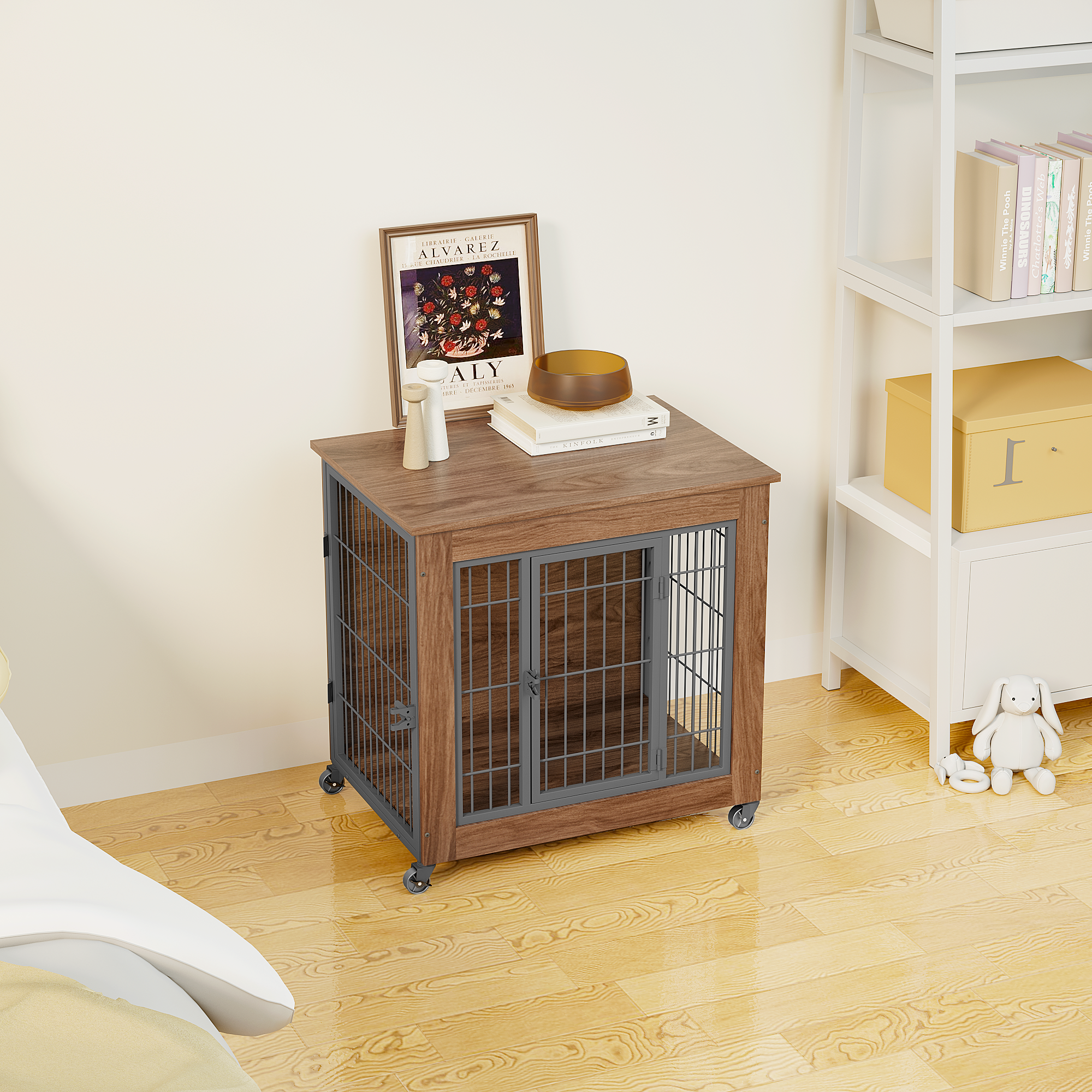 Wooden pet crate with metal bars on a wooden floor in a room setting.