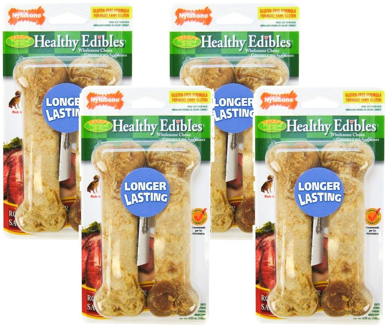 Multiple packages of Healthy Edibles dog treats with visible branding and product details.