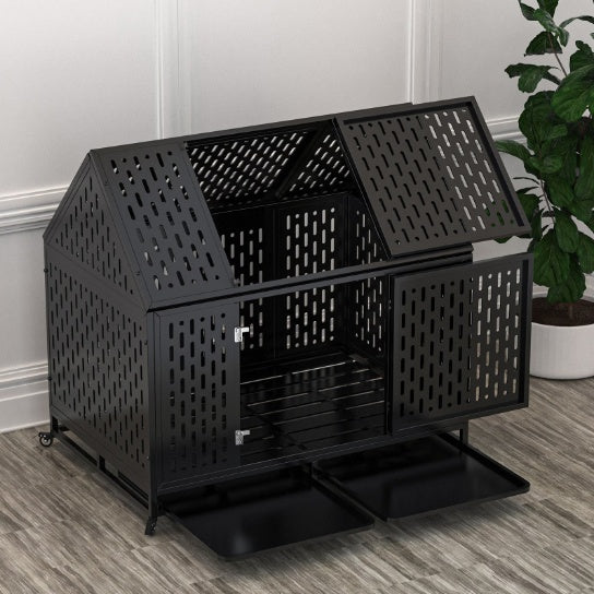 Heavy Duty Indestructible Dog Crate — 45", Pointed Roof, 2 Doors, Lockable Wheels, Escape-Proof (Black)
