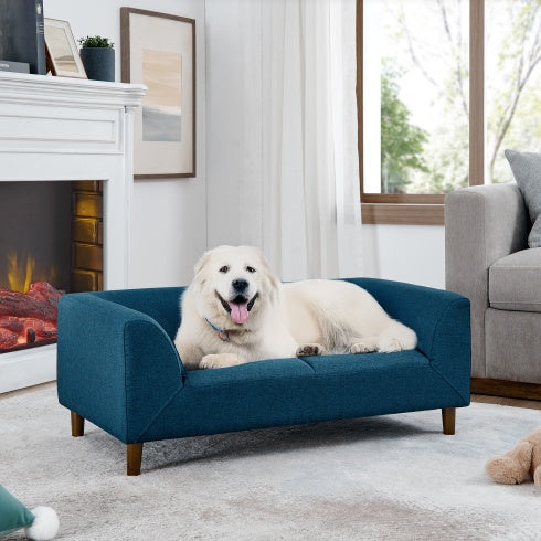 Modern Rectangular Dog Sofa — Linen, Rubber Wood Frame, Backrest & Armrests, Foam Cushion (Dark Grey, 39.5")