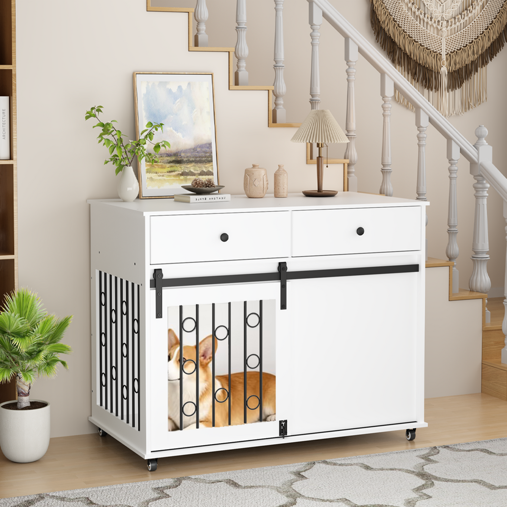 White cabinet with a pet crate inside, placed in a home setting with decor elements.