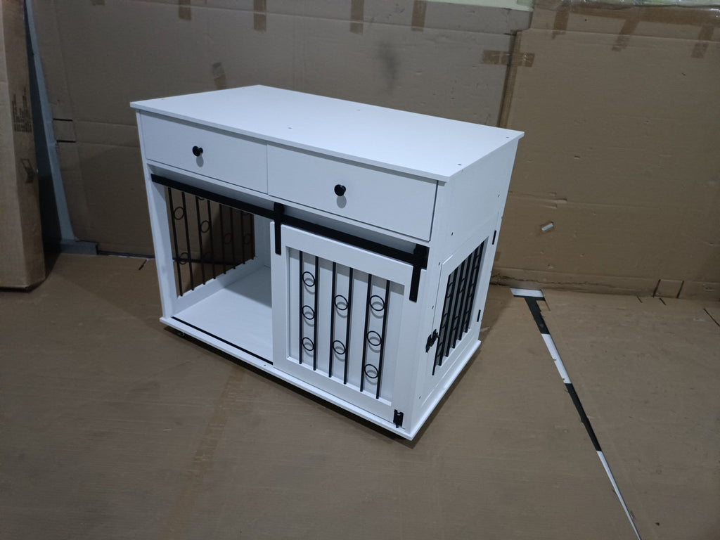 Modern Wooden Dog Crate Furniture with Sliding Barn Door – Indoor Pet Kennel